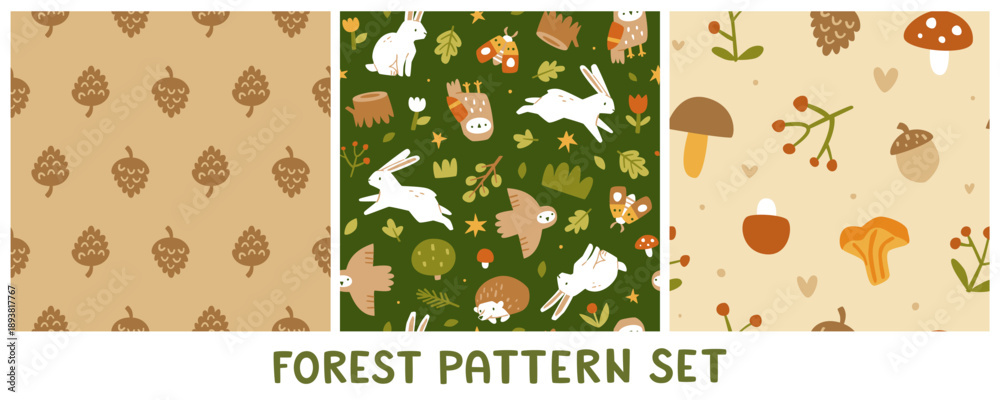 Fototapeta premium Cartoon forest patterns set. Doodle seamless prints collection.
