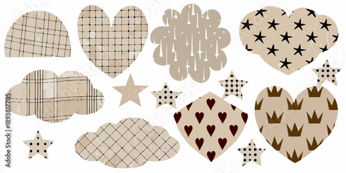 Assorted heart and star shaped patches with varied neutral patterns