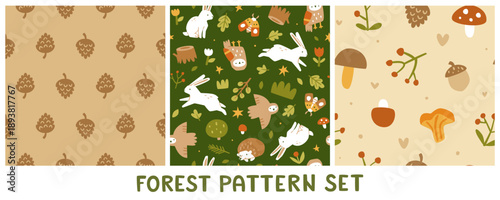 Cartoon forest patterns set. Doodle seamless prints collection.