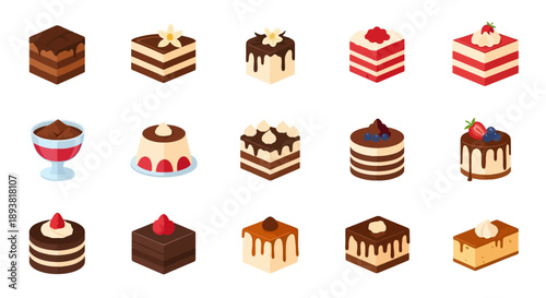 Collection of assorted cakes and desserts illustrations on a white background viewed from directly above