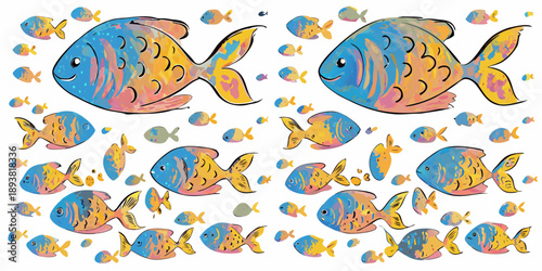 Colorful cartoon fish swimming in a playful pattern against a white background