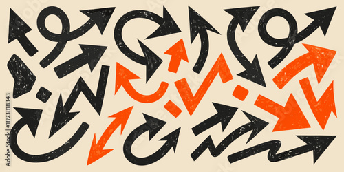 A chaotic arrangement of black and orange arrows on a beige background