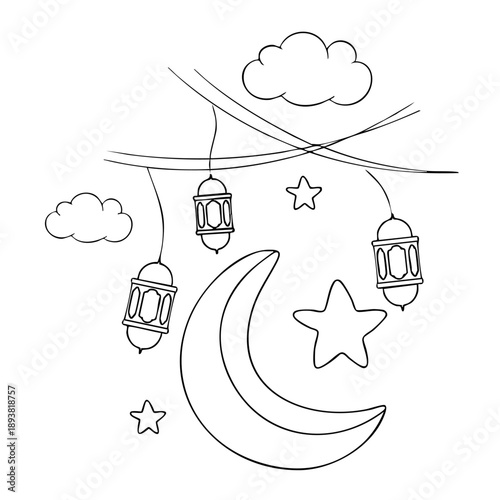 Charming hand-drawn illustration featuring a crescent moon, stars, and floating lanterns in a minimalist black and white style, perfect for night sky themes.