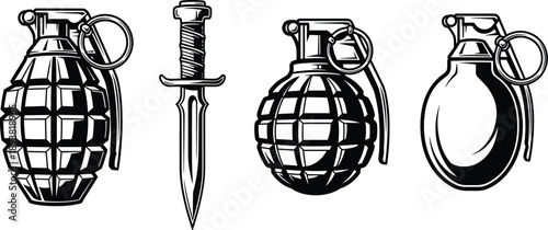 Black and white woodcut style vector illustration of three hand grenades and a tactical combat dagger for military defense and warfare design