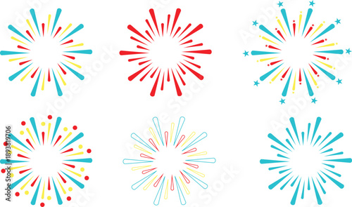 Set of six colorful abstract starburst and sunburst graphic elements with radiating lines in red, blue, and yellow, perfect for celebration or impact designs.