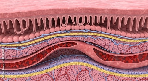 detailed cross section of human skin showing layers blood vessels and nerves