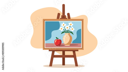 A simple and charming vector illustration of a wooden artist's easel holding a framed still life painting of flowers in a vase.