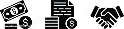 Finance and agreement glyph icon set with cash, paperwork and handshake symbols, clean modern black icons on transparent