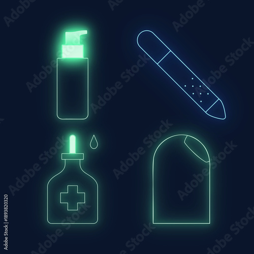 Neon Healthcare Icons Set Featuring Lotion, Bandage, Dropper, And Soap