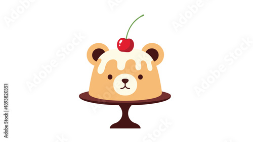 An adorable cartoon illustration of a bear-shaped pudding or jelly dessert with a cherry on top, served on a cake stand.