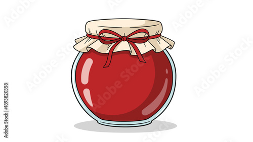 A charming hand-drawn illustration of a round glass jar filled with red jam, sealed with a cloth cover and a red bow.