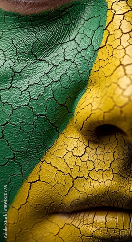 A detailed close-up shot captures a person's face painted with vibrant green and yellow colors in a cracked, dry earth pattern. Brazilian colors