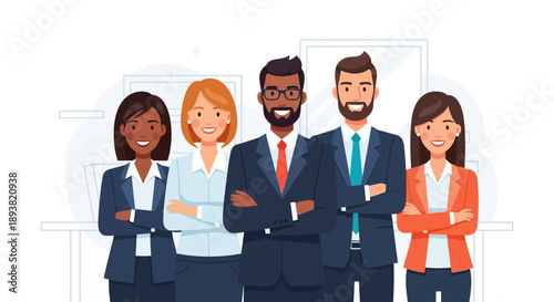 Diverse corporate team standing together in professional pose for business collaboration.