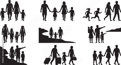 Family silhouettes in diverse scenarios Collection of different family silhouettes