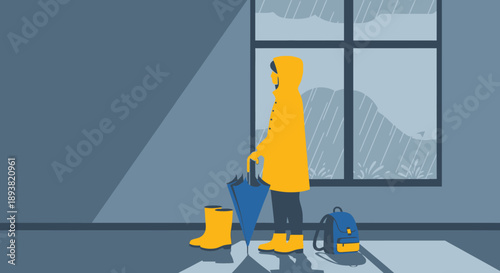 Person in a yellow raincoat and boots standing indoors beside a window with a backpack.