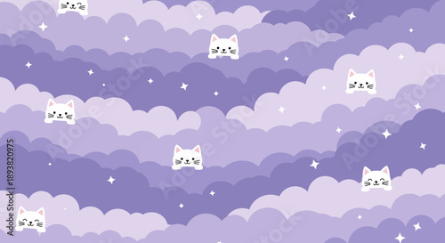 Whimsical Purple Cloudscape with Cute Cat Silhouettes and Repetitive Patterns.