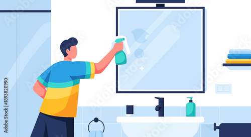 Person Cleaning Glass Surface in Bathroom Using Spray Bottle and Cloth in Home Setting.