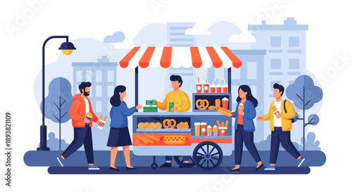 Busy outdoor fruit market scene with vendors, carts, and shoppers under sunny urban day.