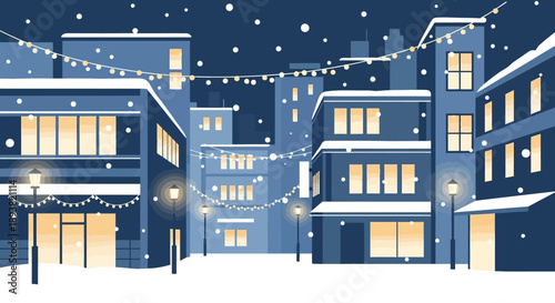 Snowy urban night scene with blue illuminated buildings and quiet street in a winter city.