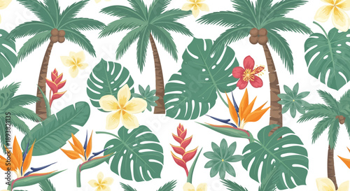 Vibrant tropical pattern featuring palm trees, monstera leaves, and colorful flowers.