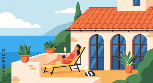 Sunny seaside villa with a relaxing lounge on the terrace overlooking the ocean.