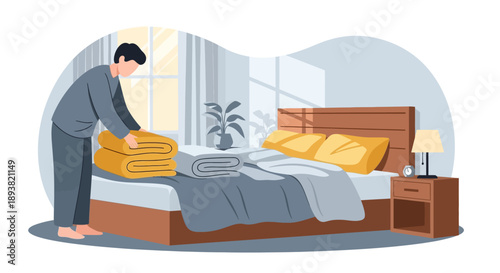 Housekeeper arranging fresh linens on a neatly made hotel bed indoors.