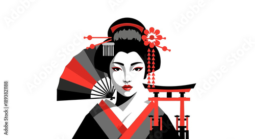 Geisha in Traditional Attire with Fan beside a Torii Gate.