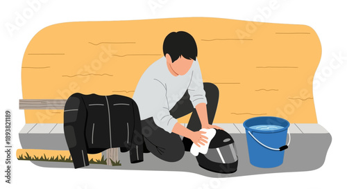 Man Repairs Bicycle on Bench in Urban Street Scene.