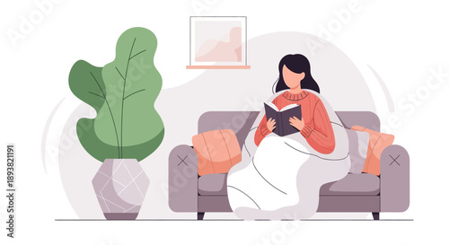Woman relaxing on sofa reading a book in a bright living room scene.