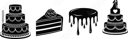 Black vector silhouette set of wedding cakes cake slices and chocolate drips for bakery menus anniversary celebrations marriage parties and dessert design