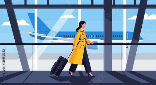 Stylish traveler in a bright yellow coat at a modern airport terminal with glass architecture.