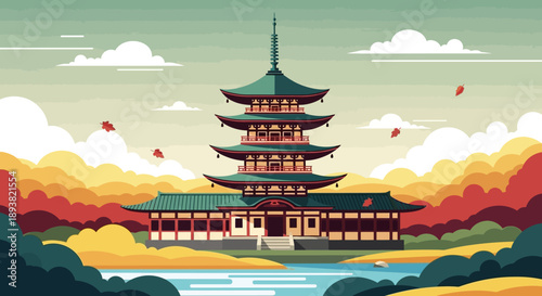 Colorful Japanese-Style Pagoda on a Quiet Lake at Sunset with Mountain Backdrop.