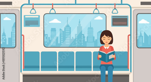 Young Woman Commuter Sitting on a Modern Subway Car with City Skyline View During Morning Ride.