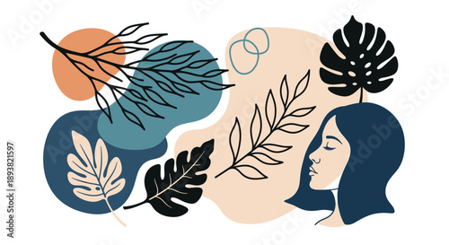 Abstract illustration of a woman among stylized leaves and botanical motifs.