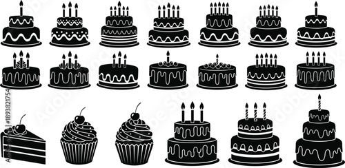 Birthday cake and dessert silhouette icon set featuring candles, cupcakes, and slices, perfect for celebration, party design, and bakery concepts.