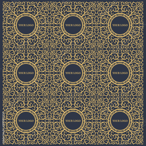 Luxury Gold Arabesque Filigree Seamless Pattern with Logo Frames