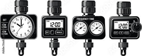 Collection of garden water timer valve illustrations, automatic irrigation controller system icons, vintage black and white engraving style vector for yard maintenance.