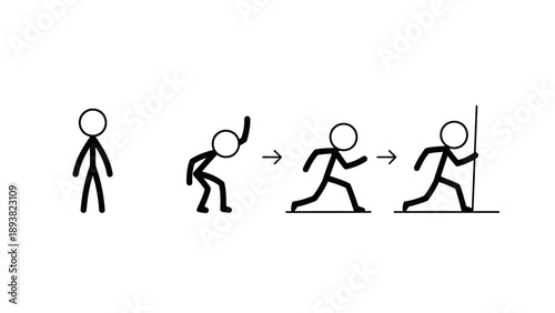 Simple stick figure person falling and getting up with the help of a cane.