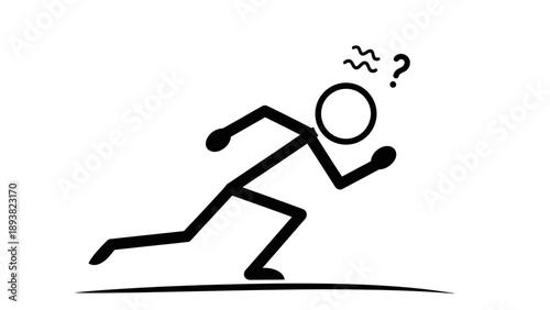 Stick figure running with confusion and uncertainty.