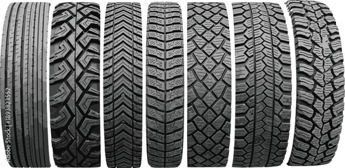 Collection of various car tire tread patterns, rubber wheel textures for transport vehicles, isolated vector set for automotive maintenance and garage service.