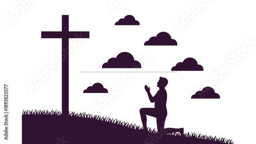 hristian silhouette of man kneeling in prayer before holy cross on grassy hill with clouds for religious faith and spirituality
