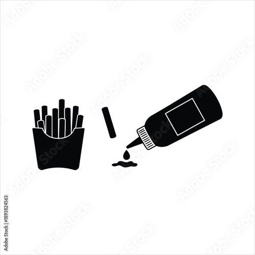 Black and white illustration of french fries ketchup bottle and a single fry