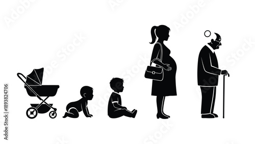 Human life cycle silhouettes showing priority groups including baby stroller crawling infant sitting child pregnant woman and elderly man with cane