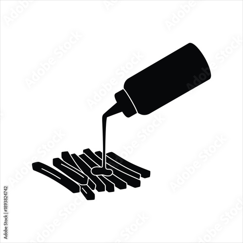 Black and white illustration of ketchup being poured onto french fries