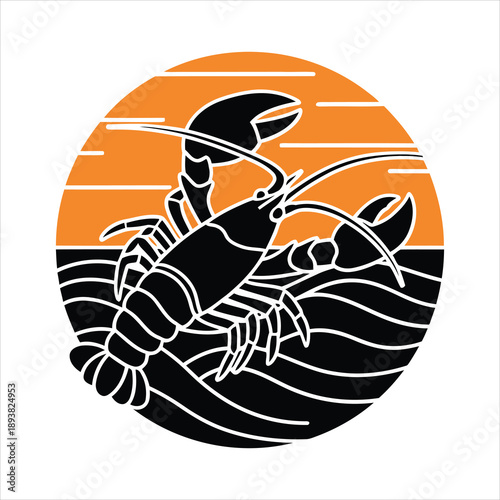 A black lobster silhouette is depicted against an orange circular background