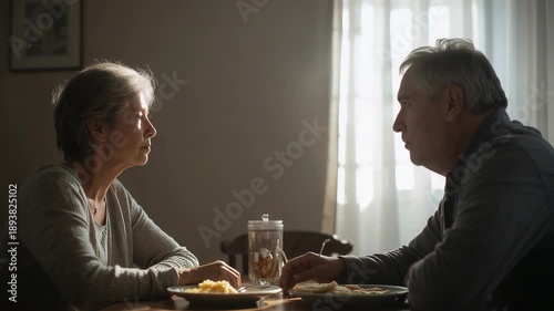 Speaking woman in cardigan starting talk about plans with partner at home table, plates, cookie jar