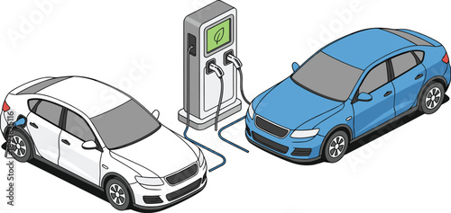 Isometric illustration of electric vehicles charging at green power station, blue and white cars plugged into eco friendly battery charger, renewable transport.