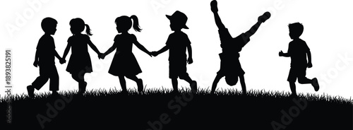 Children playing outdoors silhouettes, happy kids holding hands, running and gymnastics activities, childhood joy black vector illustration