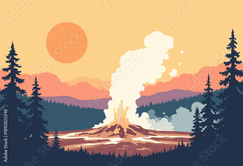 Old Faithful geyser erupting, stylized as plume white shapes dark pine forest background warm yellow sunset