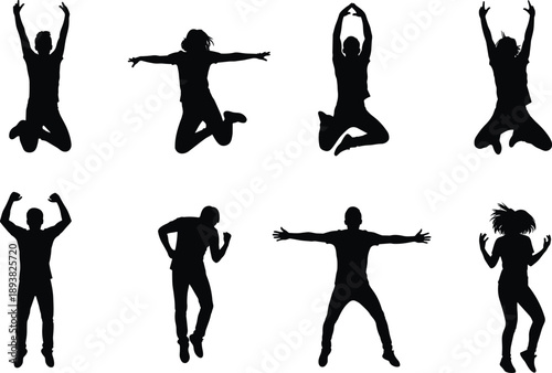 Dancing people silhouette set, energetic jump poses, happy movement expressions, music rhythm lifestyle, dynamic human figures illustration collection